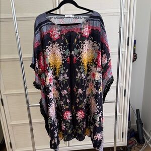 Johnny Was Black Floral Kimono with Pink and Yellow Accents